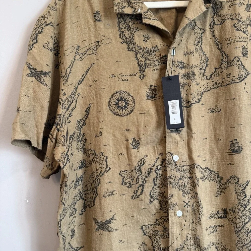 NEW Banana Republic 100% Linen Brown Button Up Maps Atlas Resort Wear Large